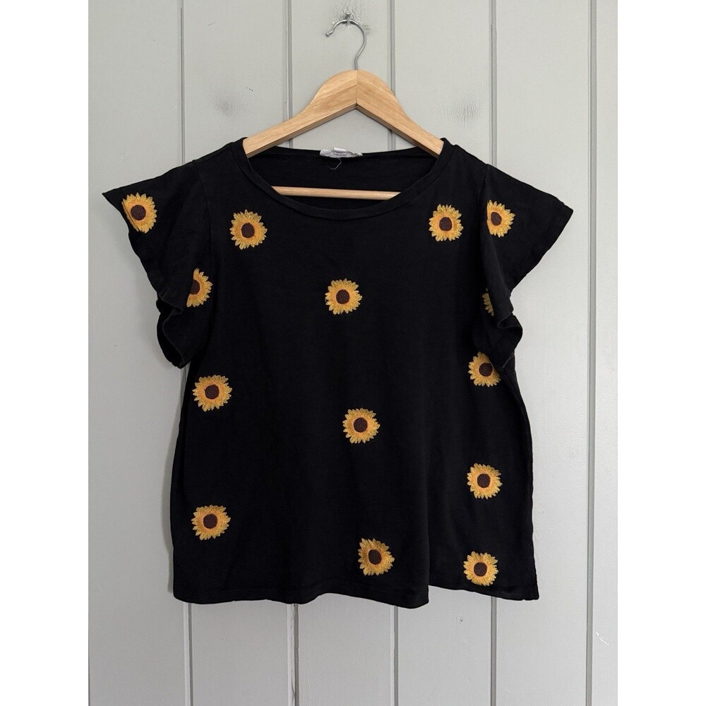 THML Sunflower Flutter Short Sleeve Shirt M Medium Black Cotton Embroidered Boho